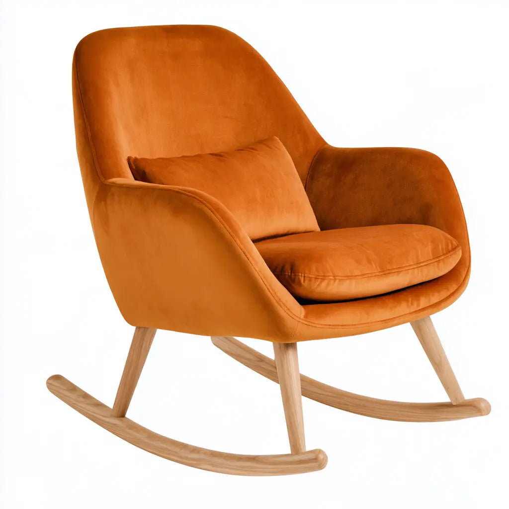 Fauteuil à bascule orange à dossier enveloppant et coussin assorti