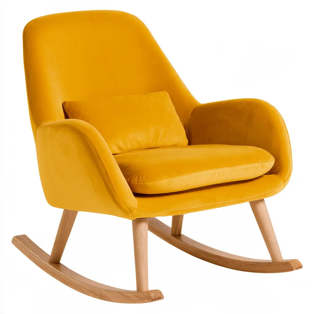 Fauteuil à bascule jaune moutarde avec coussin lombaire