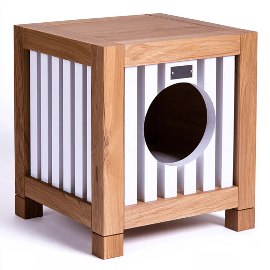 Meuble pour chat marron à panneaux rayés et ouverture circulaire