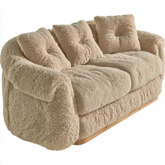 Canapé beige texturé à coussins séparés et accoudoirs arrondis